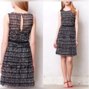 Anthropologie 9th & L Stitched Black White Textured Fit Flare Keyhole Dress M